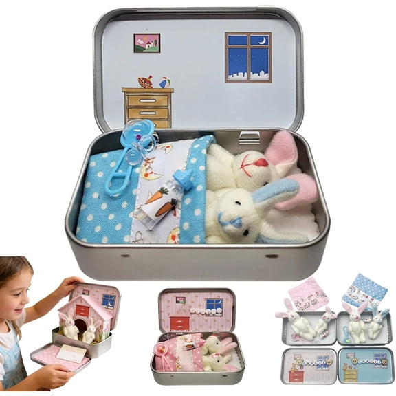 Little Pocket Bunny Decorative Tin Set – Easter Basket Filler & DIY Pet Adoption Theme, Adorable Rabbit Plush in a Decorative Box for Holiday Gifting（Blue）