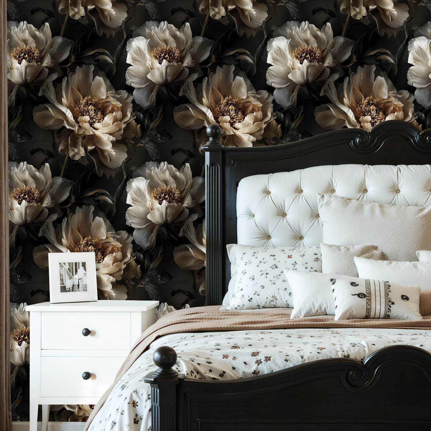 Peel and Stick Wallpaper Elegant Peony Flowers Soft Beige White Tones Dark Wall Mural 23.6in x 9.8ft Self Adhesive Removable Wall Paper Renter Friendly Wallpaper for Nursery Bedroom Cabinets