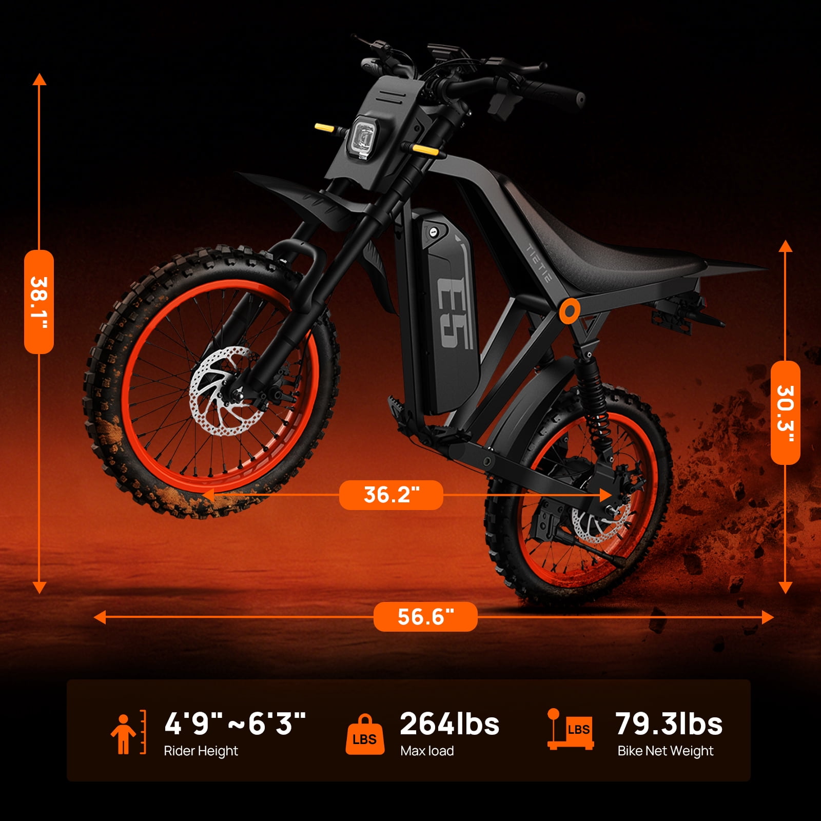 TieTie Electric Dirt Bike for Adults & Teens, 1500W Peak Motor, 32MPH 48V 20Ah Battery, Off-Road Fat Tire Electric Motorcycle, UL2849