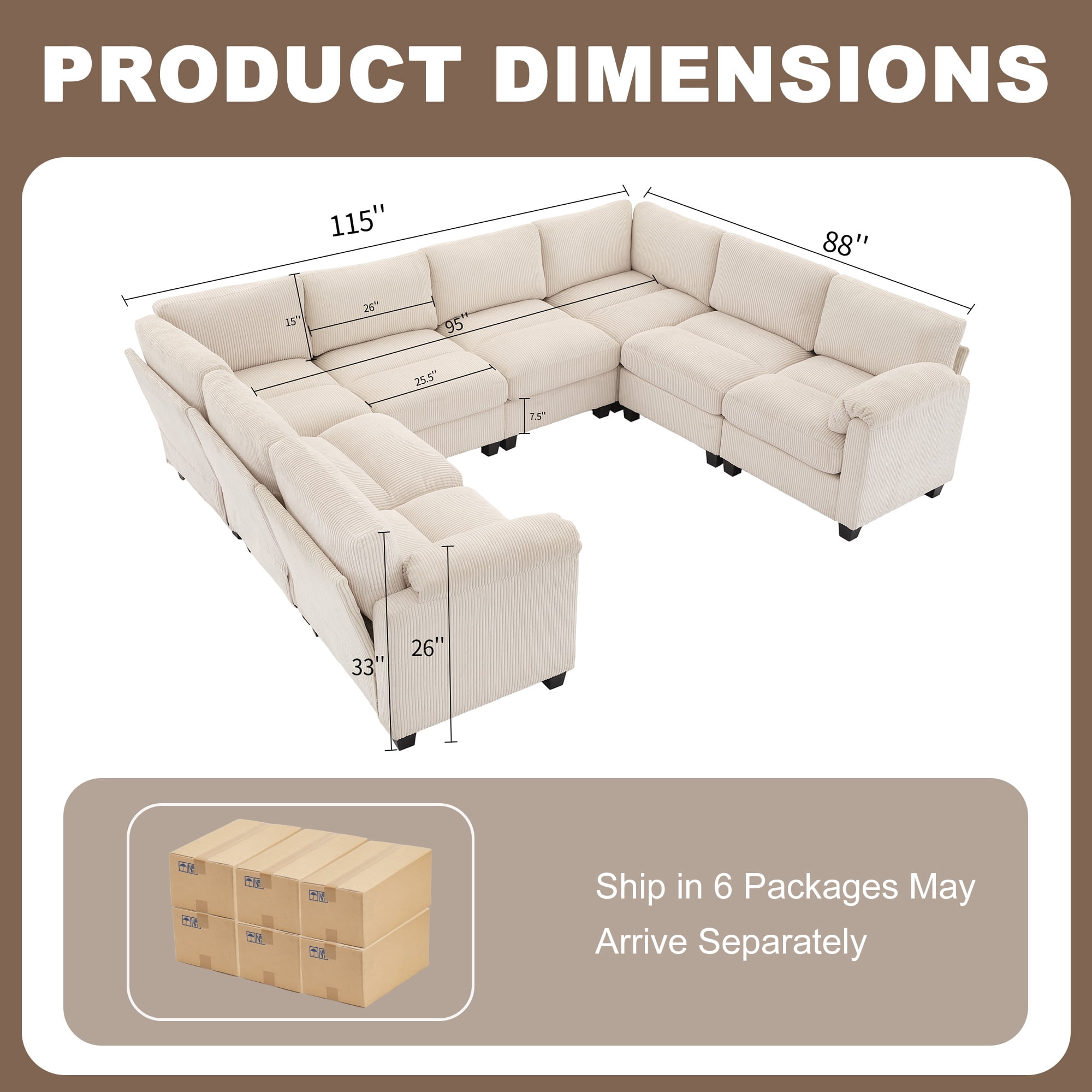 LOYALICE 115" Oversized Modular Corduroy Sectional Sofa, Pet-Scratch Resistant 8-Seat U Shaped with Corner Seat Cloud Couch, Chaise & Movable Ottoman for Living Room Home Office, Beige