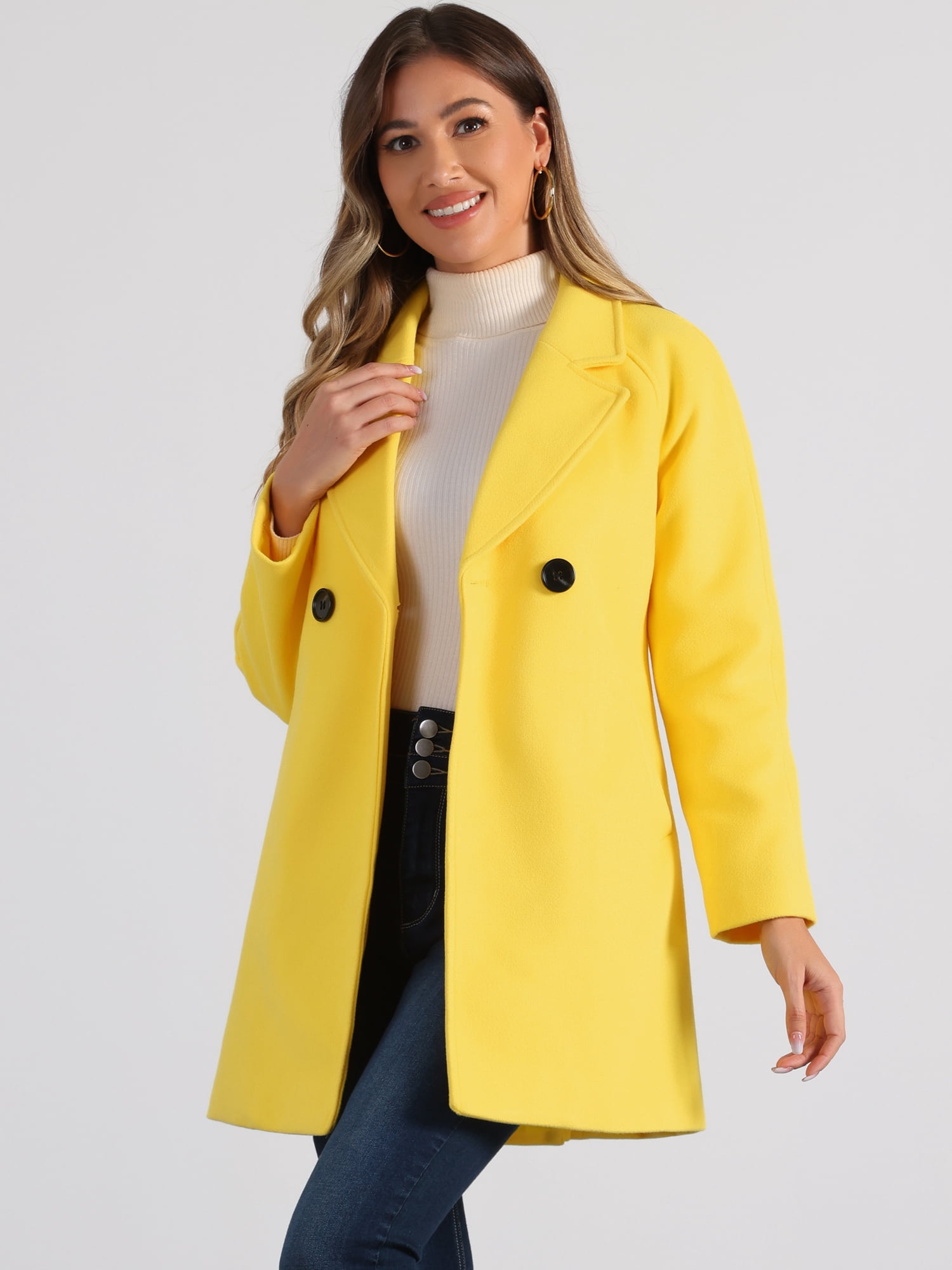 DARING DIVA Women's Notched Lapel Double Breasted Raglan Sleeve Coat Yellow XL