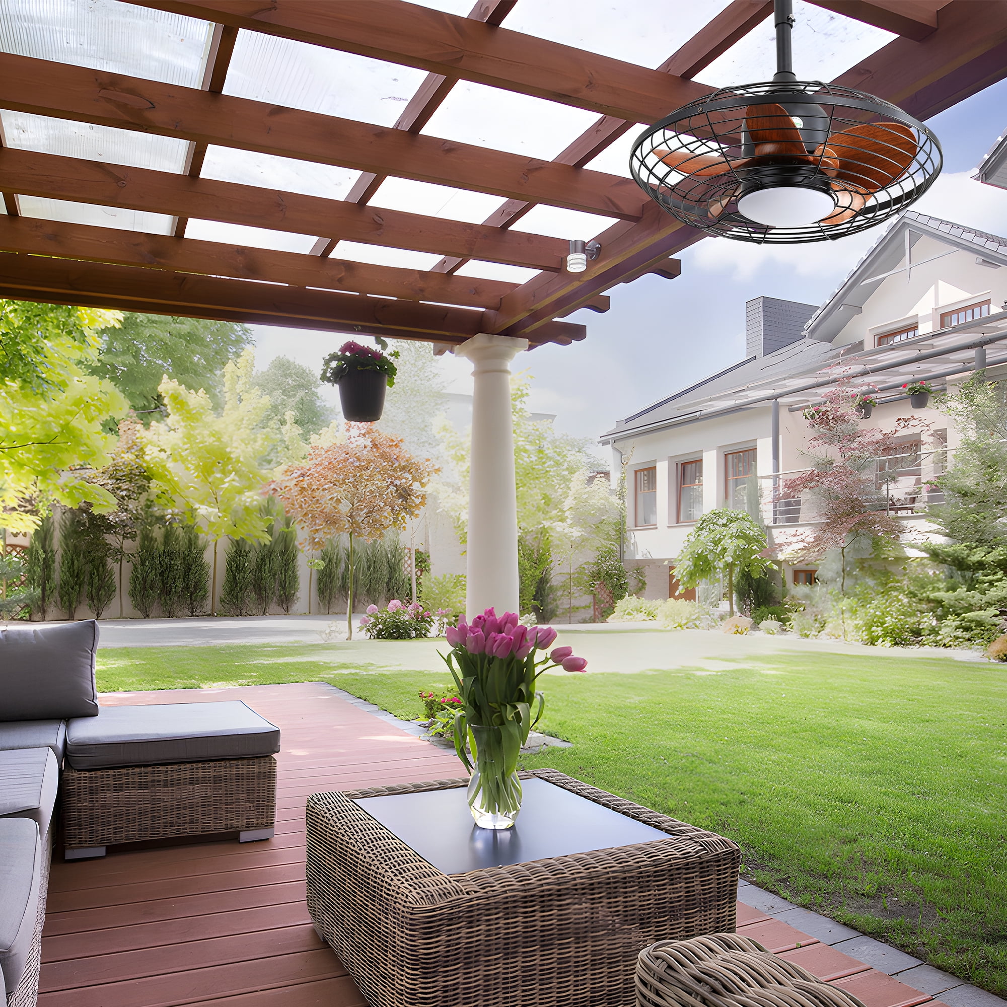 Noaman 20 Inch Outdoor Ceiling Fan with LED Light, 18W 3CCT, 5 ABS Blades, DC Motor, Remote Control, Hanging Hook, Black for Patios Pergola