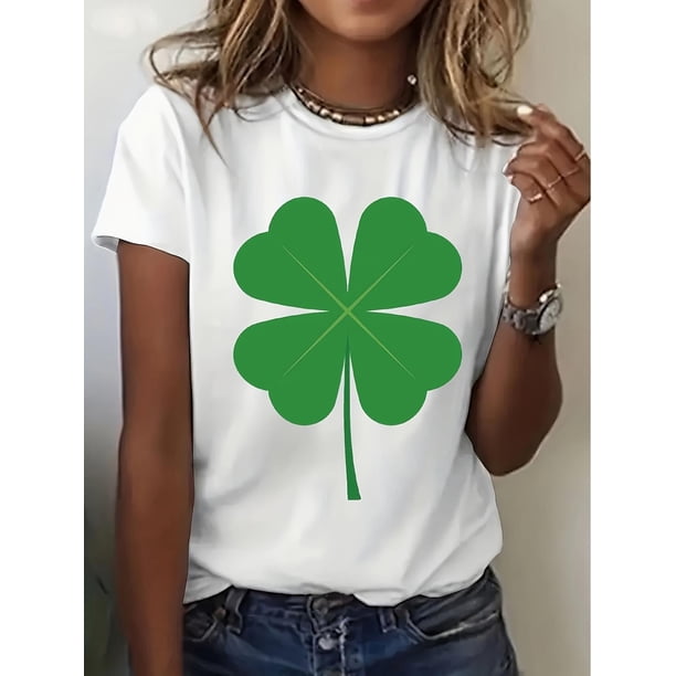 Women's Casual Clover Print T-Shirt -Machine Washable, White with Green Four-Leaf Clover Design, Perfect for Spring/Summer, Everyday T-shirt