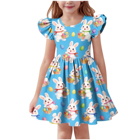 Favoffer Big Girls Dress Easter Print Flying Sleeve Round Neck Waist Defined Comfy Casual Spring Summer Sun Dress For Kids Daily Wear 3-14Y
