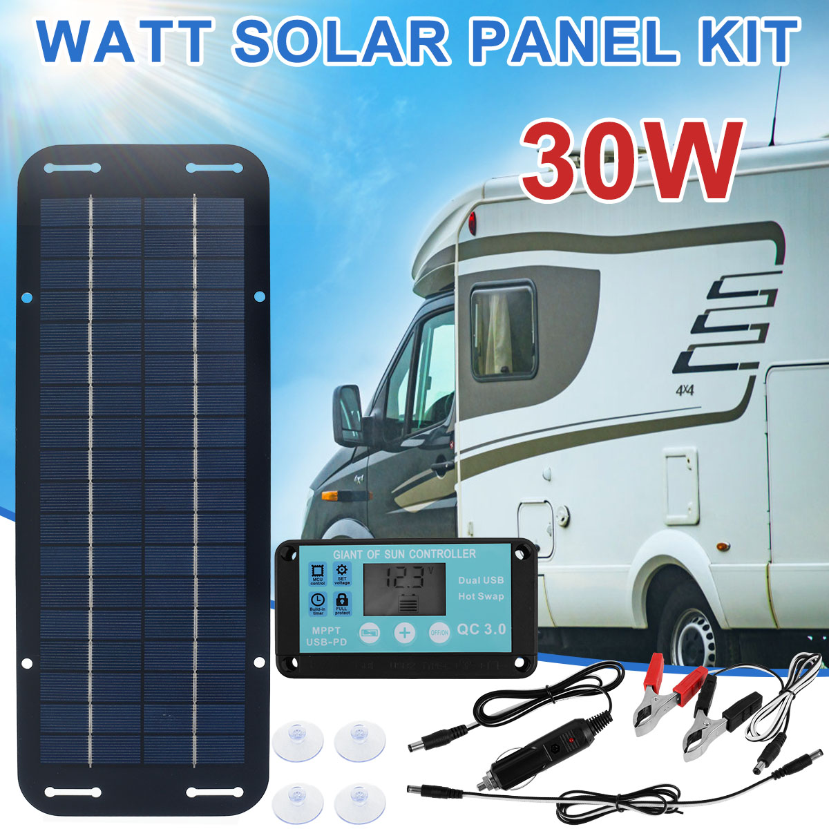 Solar Panel Kit 12V 30W IP65 Waterproof Solar Trickle Charger Portable Monocrystalline Solar Powered Battery Charger with Voltage Regulator Car Battery Charger Controller
