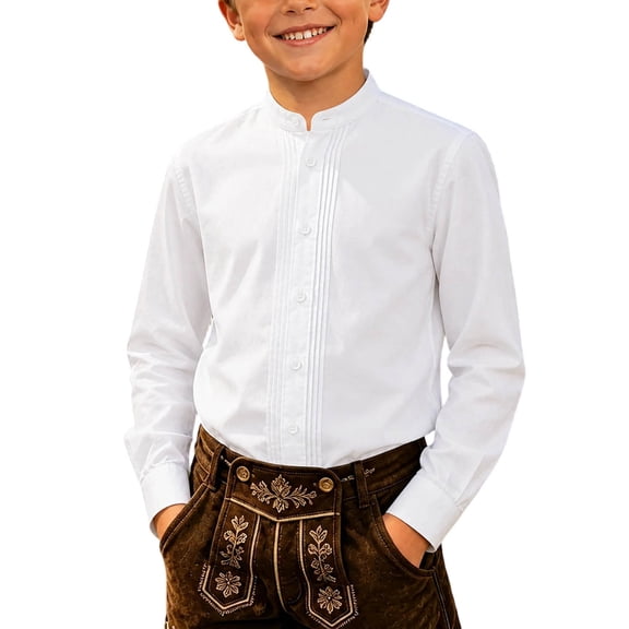 Boys Classic Solid Mandarin Collar Long Sleeve Shirt Versatile Casual Top for Everyday Wear White 130