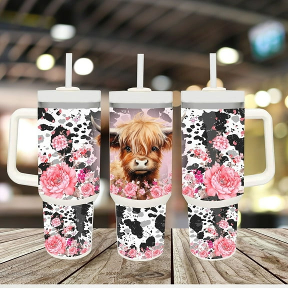 40oz Stainless Steel Tumbler with Highland Cows,flowers and cow print