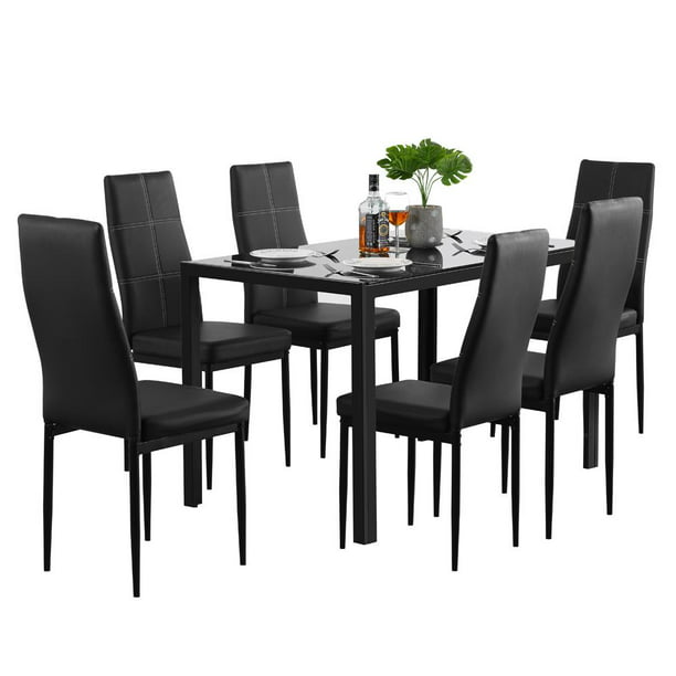 Modern Glass Dining Table Set Leather, Glass Dining Room Table Set For 6