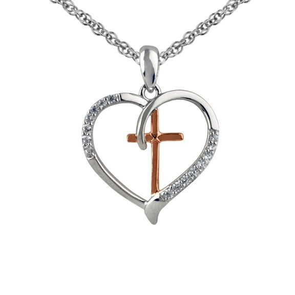 Brilliance Fine Jewelry Simulated Diamond Two Tone Heart/Cross Pendant in Sterling Silver