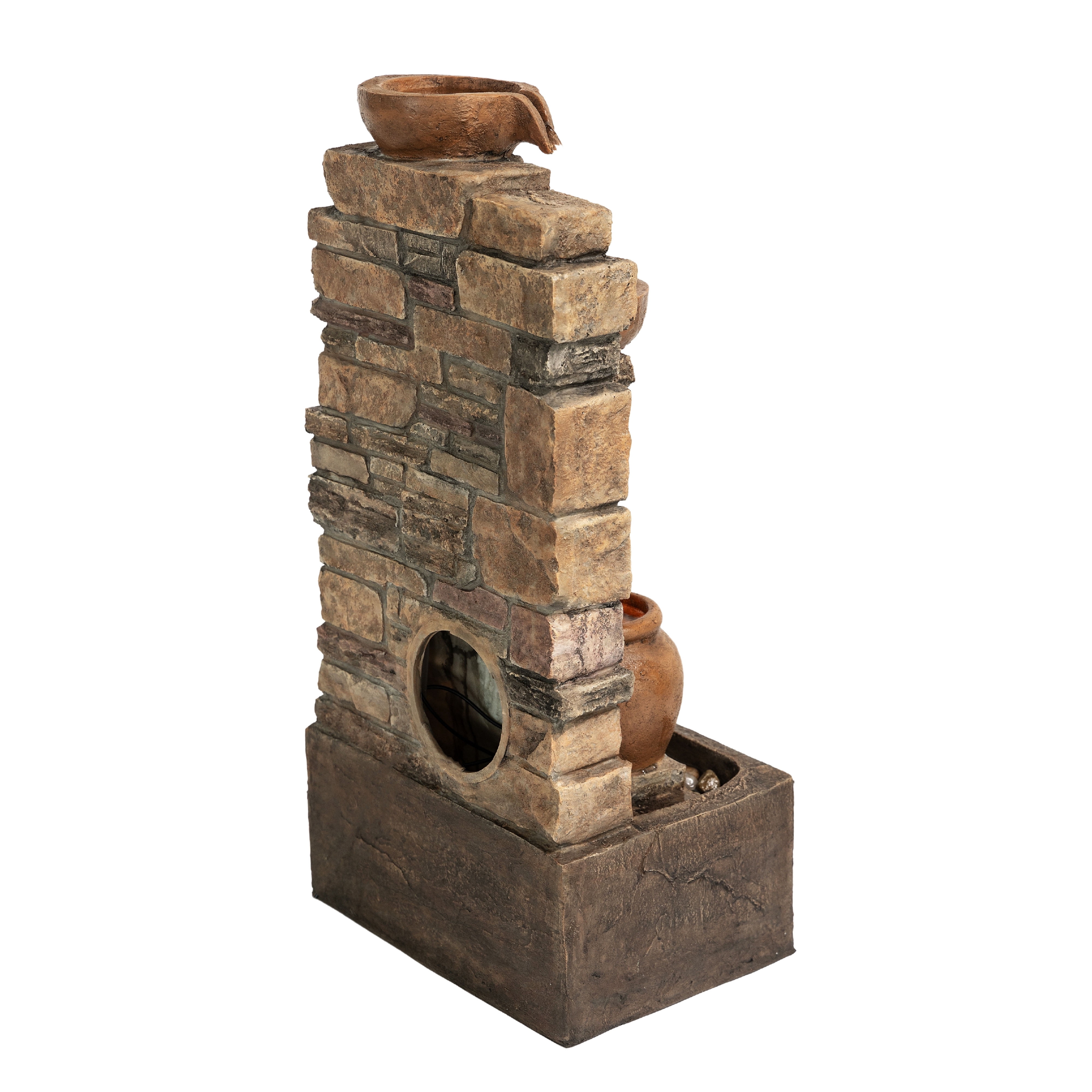 Teamson Home 28.5" Outdoor 4-Tier Stacked Stone Cascading Water Fountain with LED Lights, Brown