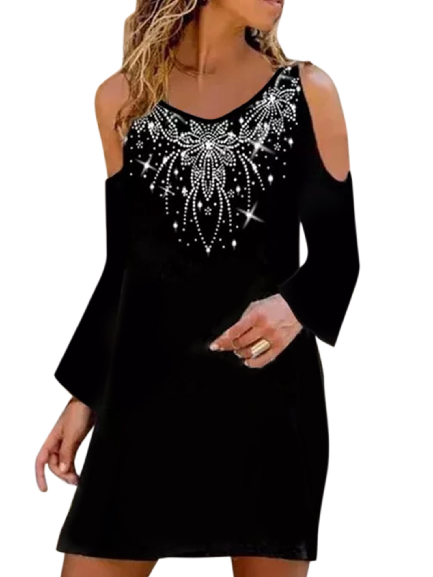 Gvmfive Women's Long Sleeve Rhinestone Cold Shoulder V-Neck Mini Dress, Size: Medium, Black
