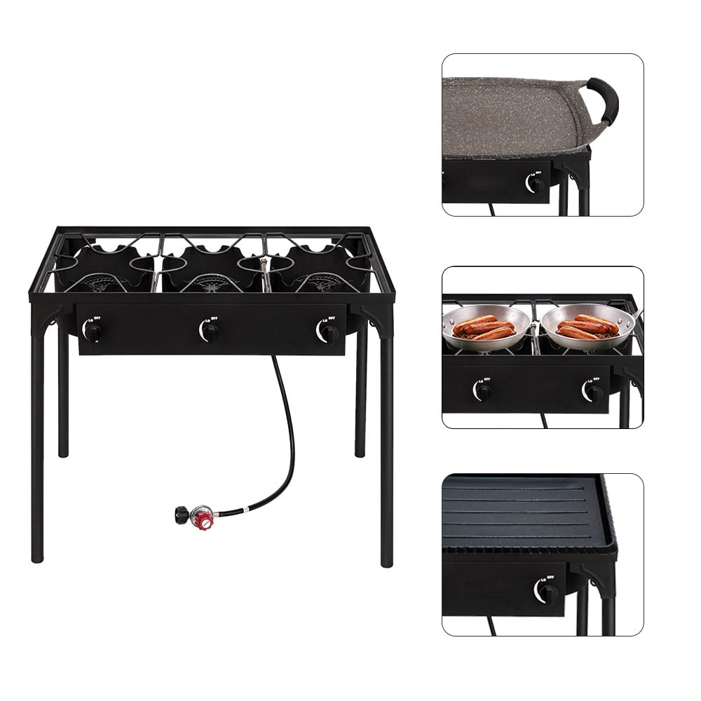 Gas Camping Stove with 0-20 Psi Regulator, 3 Burner Stove, Outdoor Stove, High Pressure Propane Gas Cooker Portable Cast Iron Patio Cooking Burner