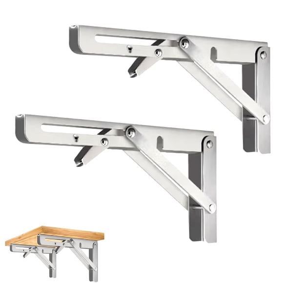 CEEYSEE 2 Pcs 10" Folding Shelf Brackets Heavy Stainless Steel DIY Triangle Wall Mount Collapsible Shelf Bracket for Tables Benches Shelves Space Saving (Silver 10 Inch)
