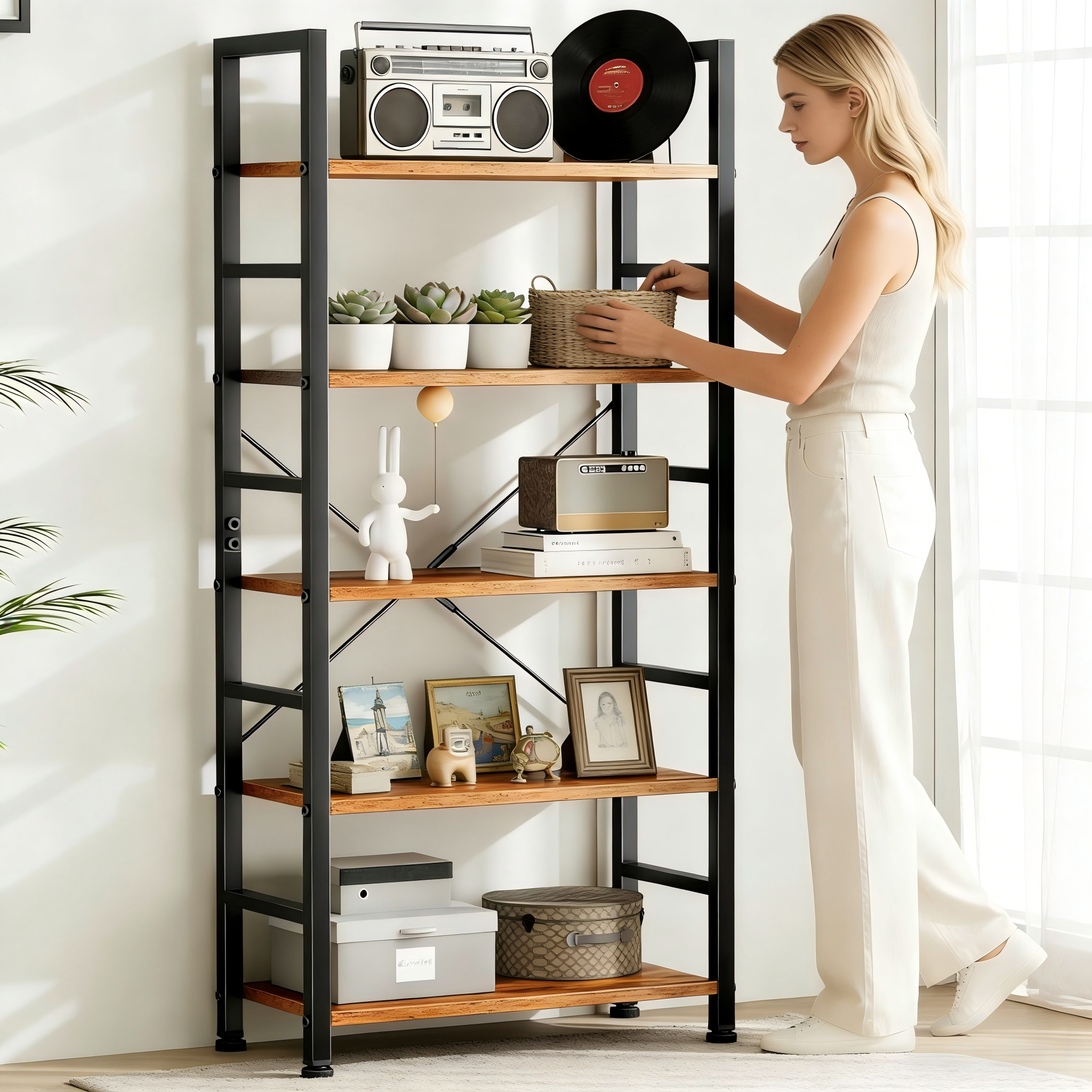 Atilioo 5 Tier Bookcase, 62" Tall Bookshelf, Wooden Storage Organizer with Adjustable Shelves for Living Room, Home Office, Kitchen, Rustic Brown