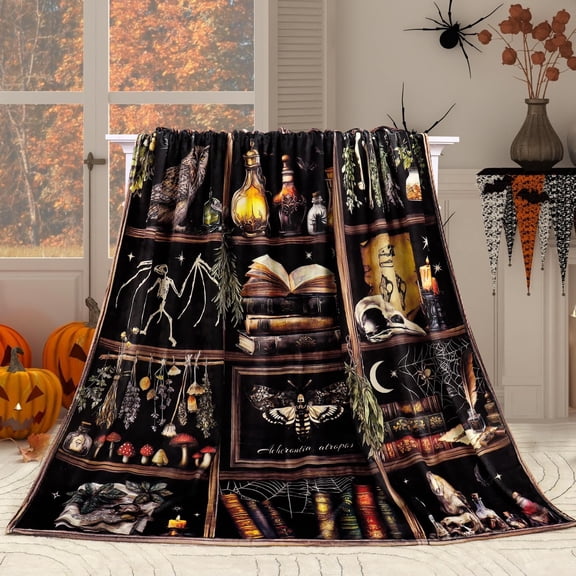 Skull Bookshelf Blanket Ultra Soft Gothic Witch Potion Shelf Throw Blankets Vintage Book Lover Bed Cover Dark Halloween Decorative Flannel Fleece Blankets for Couch Sofa 50" X 60"