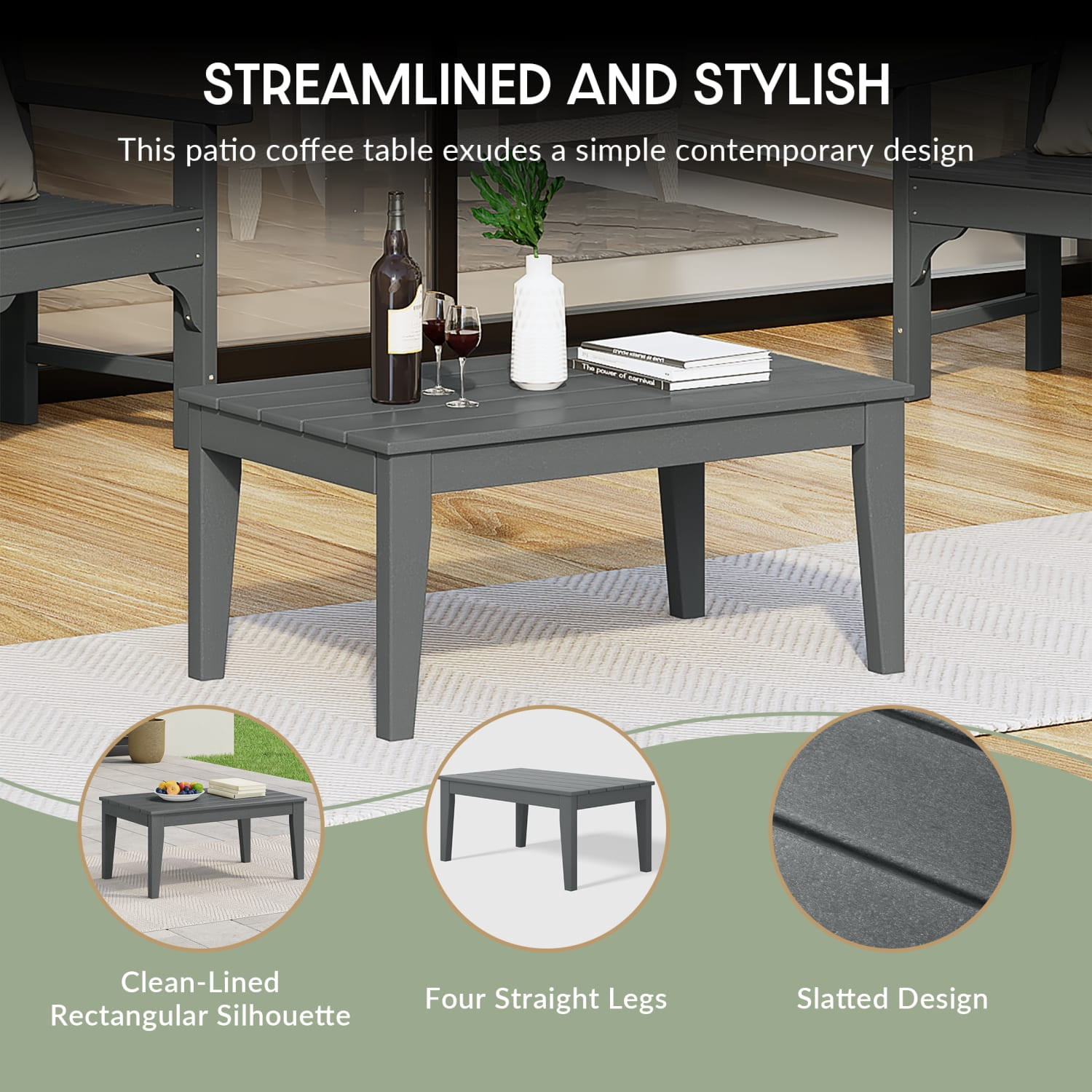 WestinTrends Malibu Low Outdoor HDPE Patio Rectangle Coffee Table, Gray