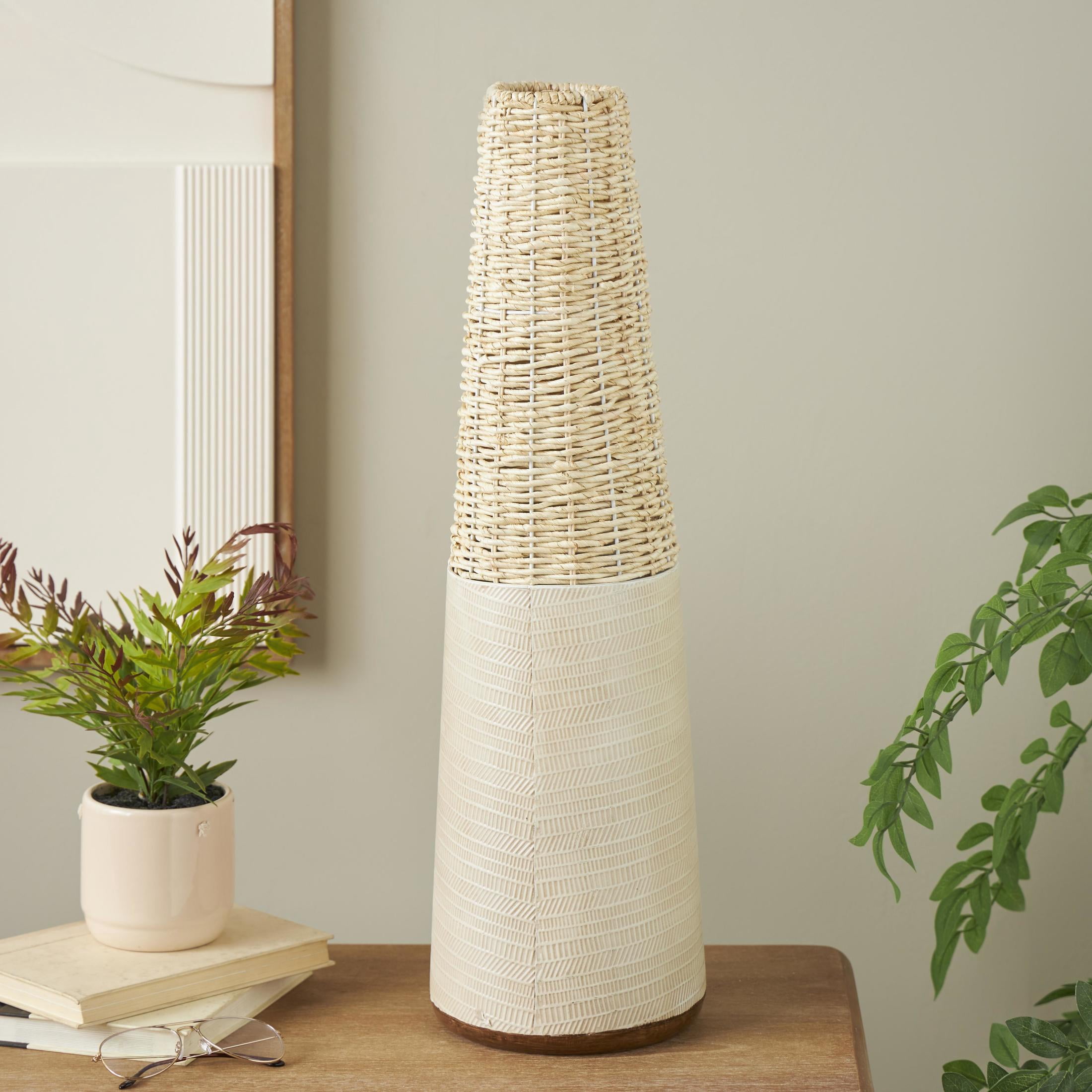 DecMode 26" Geometric Handmade Woven Light Brown Rattan Vase with Beige Metal Base