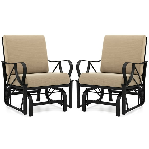 Patiojoy 2 Pcs Outdoor Glider Chair Smooth Rocking Single Chair w/ Thick Cushions & Heavy-Duty Metal Frame Tan