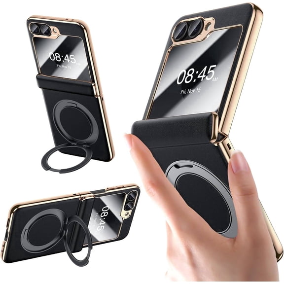 Samsung Galaxy Z Flip 6 Case with Built-in Tempered Glass Screen Protector, Magnetic Kickstand & Ring Holder, Black