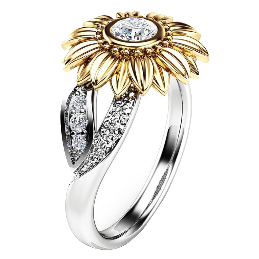 Sinwo Women's Exquisite Two Tone Silver Floral Ring Round Diamond Gold Sunflower Jewel Gift