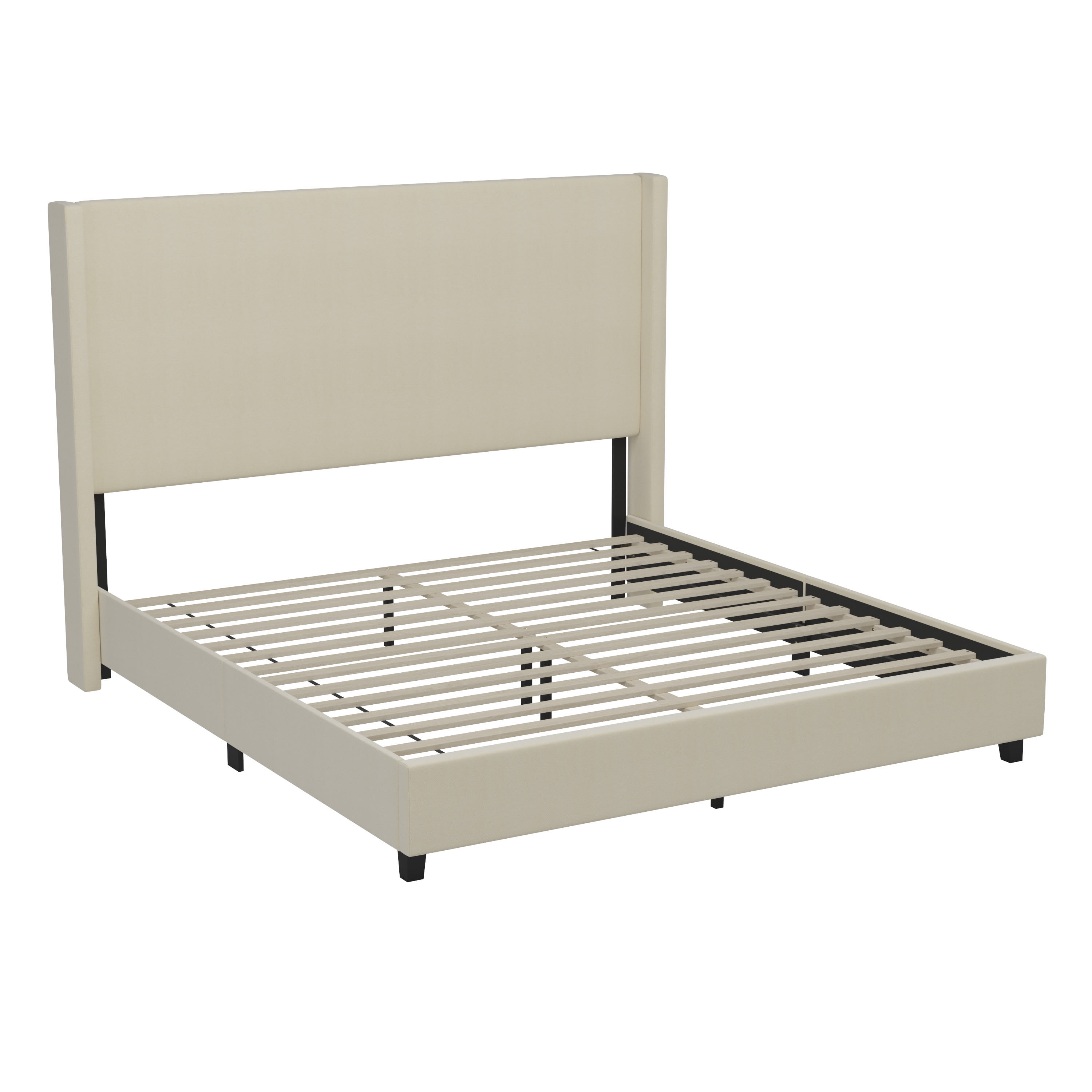 Merrick Lane Modern Platform Bed with Upholstered Wingback Headboard, King Size, Beige
