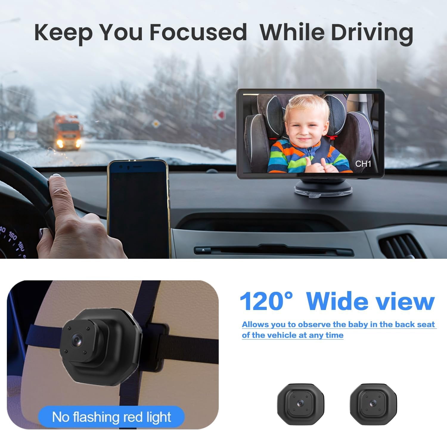Baby Car Camera Monitor,5-Inch Display,Two Infrared Night Vision Cameras,360-Degree Adjustable,Split-Screen Display