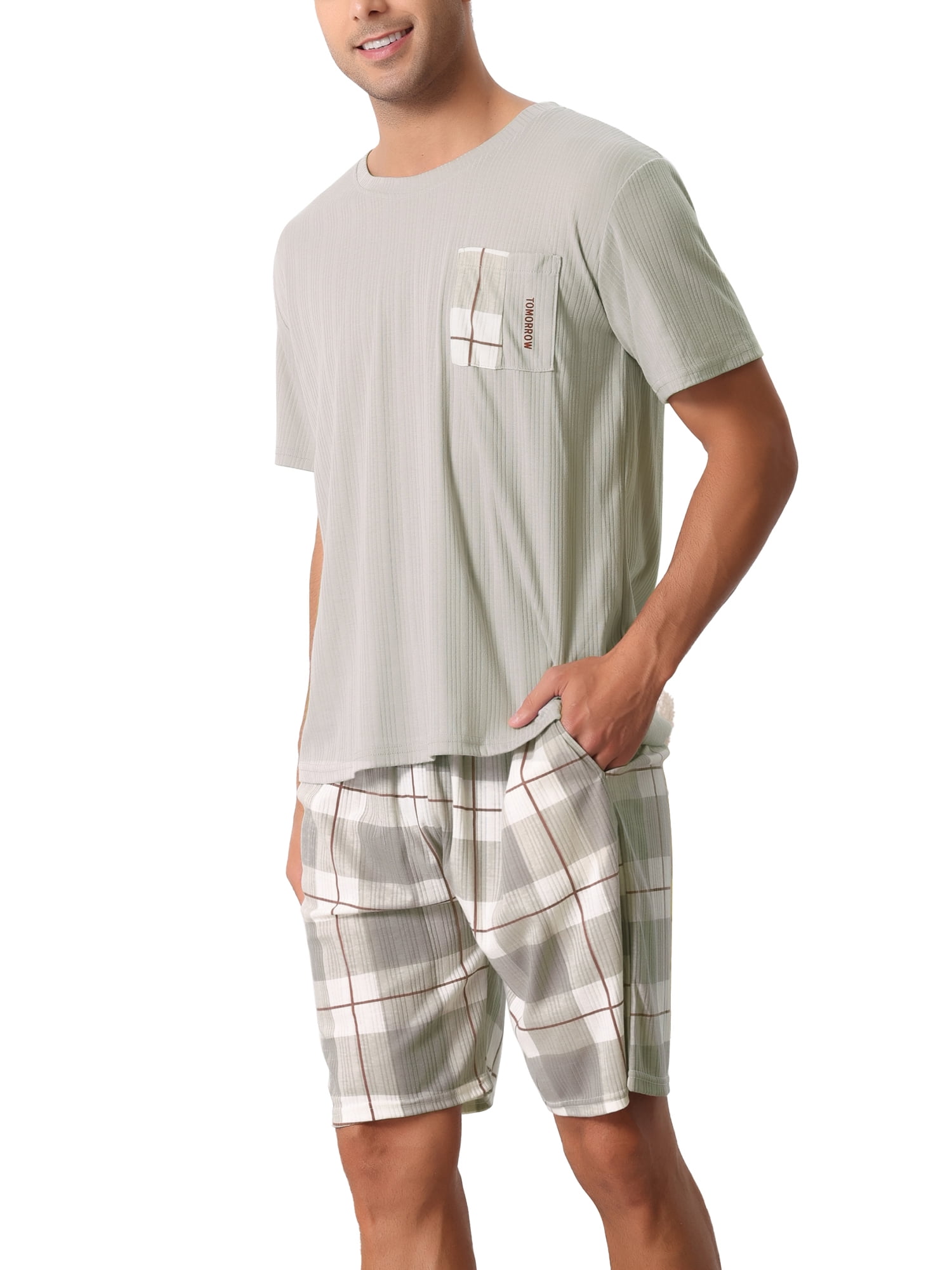 Unique Bargains Men's Sleepwear Plaid Short Sleeve T-Shirt with Shorts Couple Pajama Set L Gray