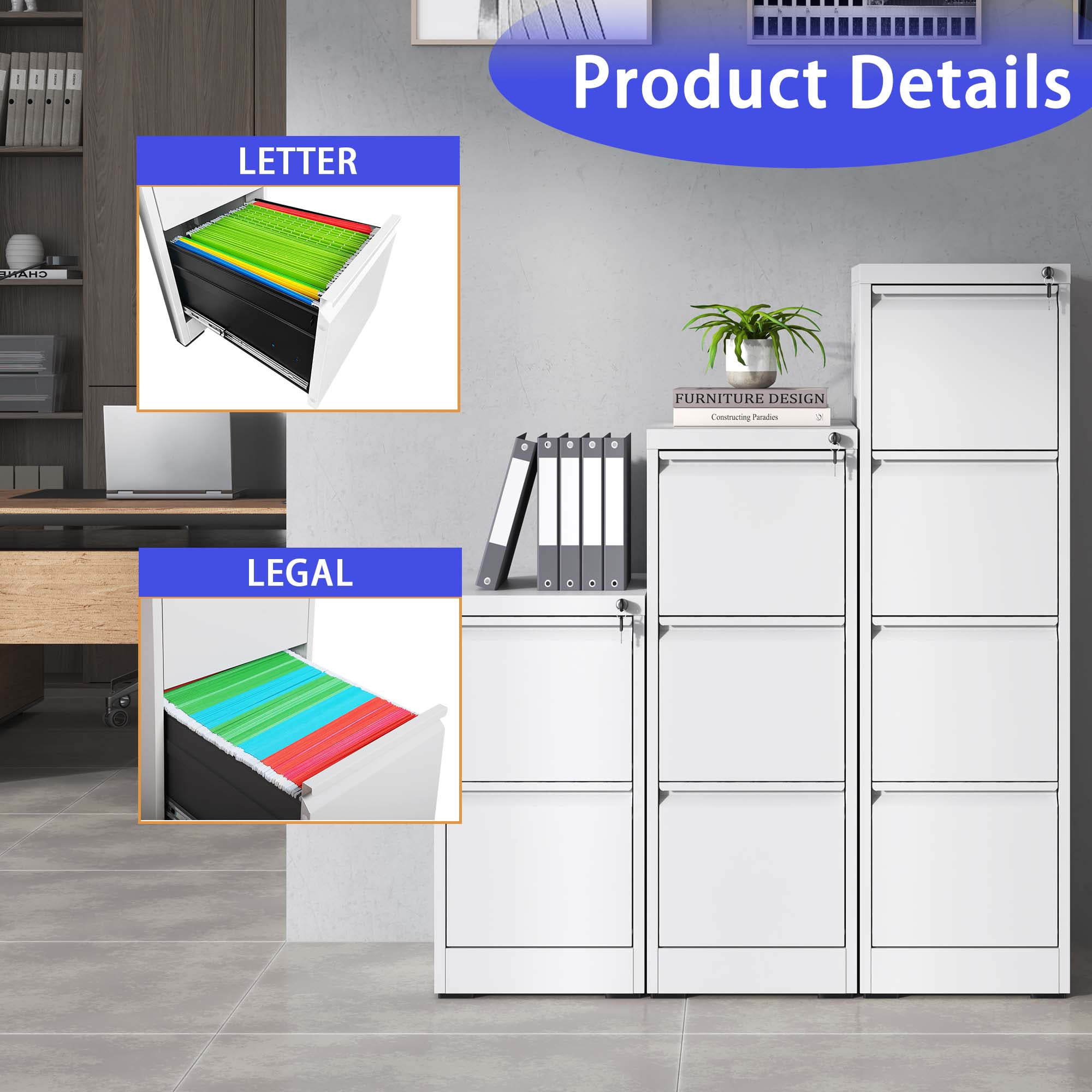 4 Drawer File Cabinet, Metal Filing Cabinets With Lock For A4/Letter/Legal Size File, Steel Vertical File Storage Cabinet For Home Office, Easy Assembly