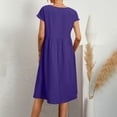 thumbnail image 4 of safuny Women's Midi Cotton Dress with Pocket Vintage Boho Short Sleeve Beach Clothing Elegant Casual Comfy Holiday Summer Round Neck Sundress Purple M, 4 of 6