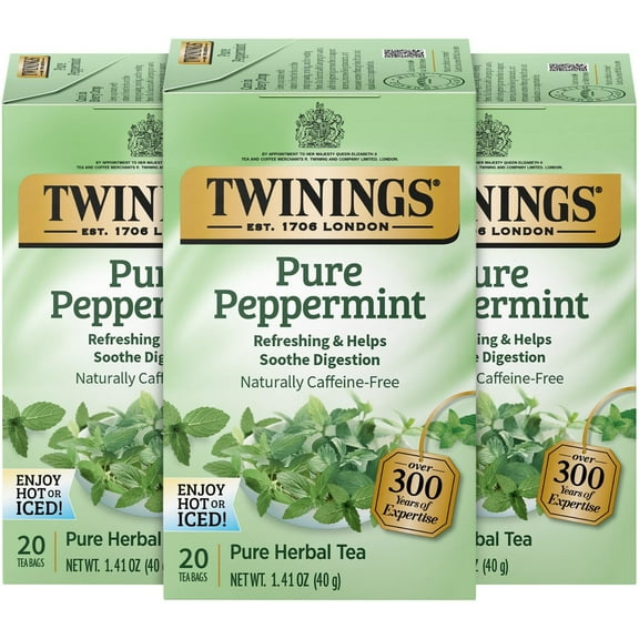 Twinings Pure Peppermint Tea - Refreshing Mint Tea, Naturally Caffeine-Free Herbal Tea Bags Individually Wrapped, 20 Count (Pack Of 3) Packaging May Vary