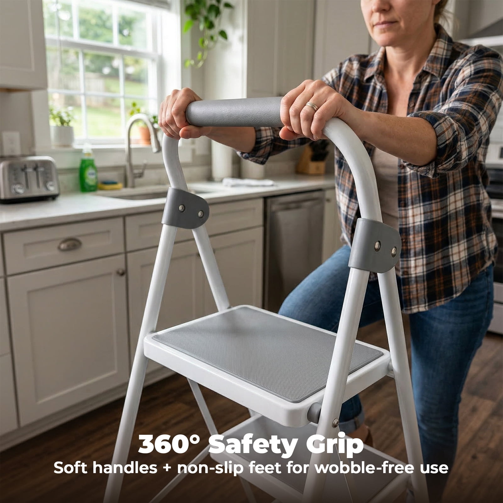 Alvantor Step ladder, 2-Step Ladder Stool, 800lbs Capacity, Anti-Slip Treads & Handles, Foldable Ultra-Thin Design, Grey/Black