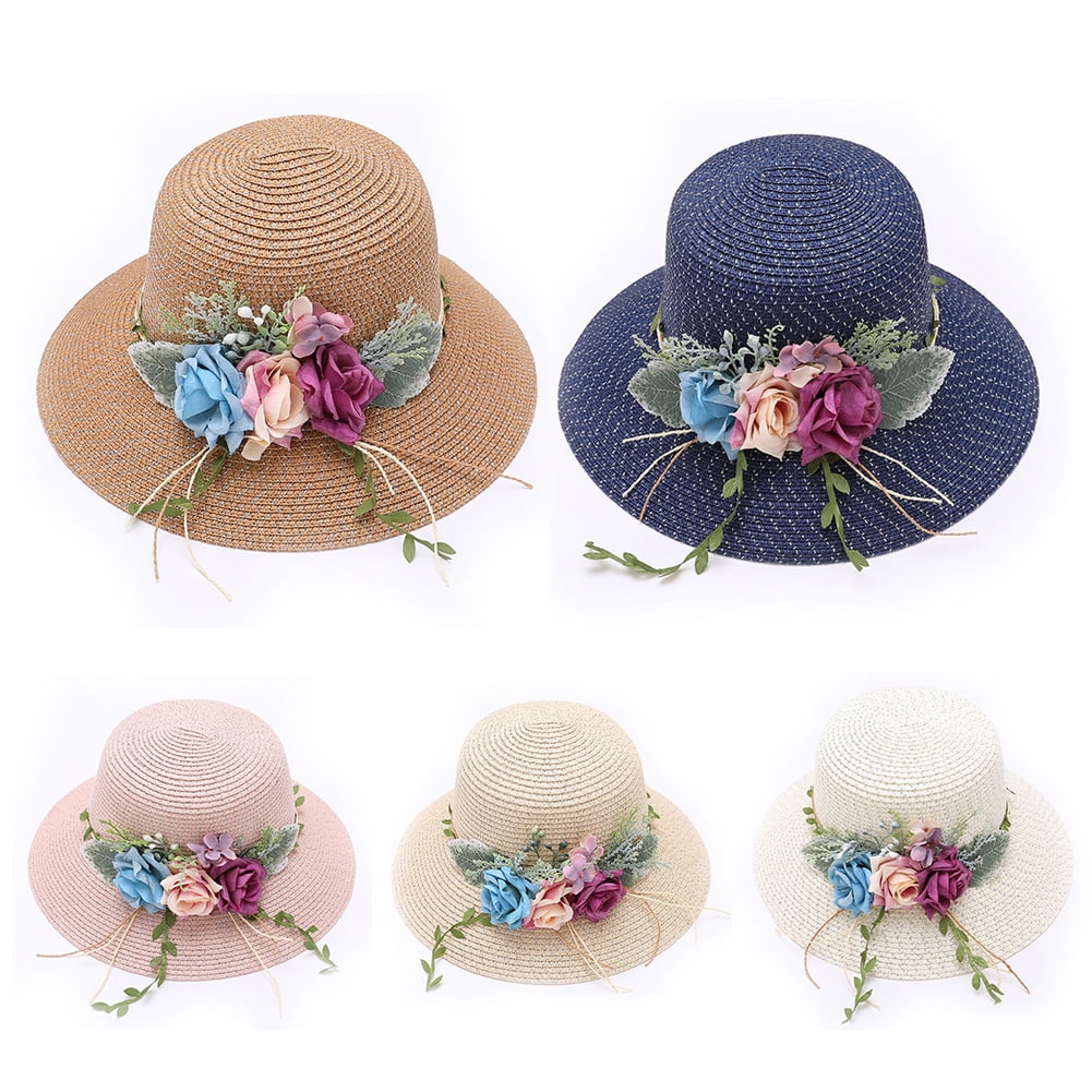 SPRING PARK Women Summer Faux Flower Wreath Foldable Wide Brim Straw