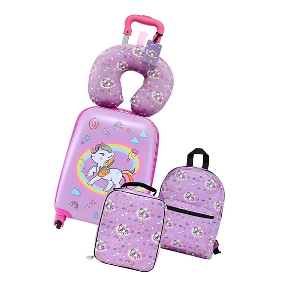 KFFKFF Kids Luggage Set, 5-Piece, 18-Inch Hard Shell Rolling Suitcase with Backpack & U-Shape Pillow, Unicorn-Themed Travel Set for Children, Perfect for Holidays and Birthdays, Airline Friendly