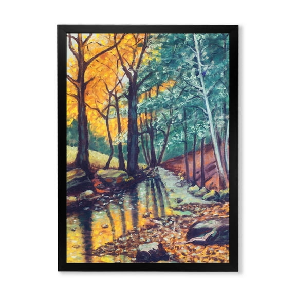 Designart 'Landscape With Autumn Forest Sunset River' Traditional Framed Art Print