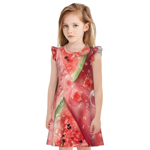 Balery Refreshing Watermelon Slices Camisón de princesa para niñas, pijama de algodón con mangas abullonadas, suave y bonito.-Large