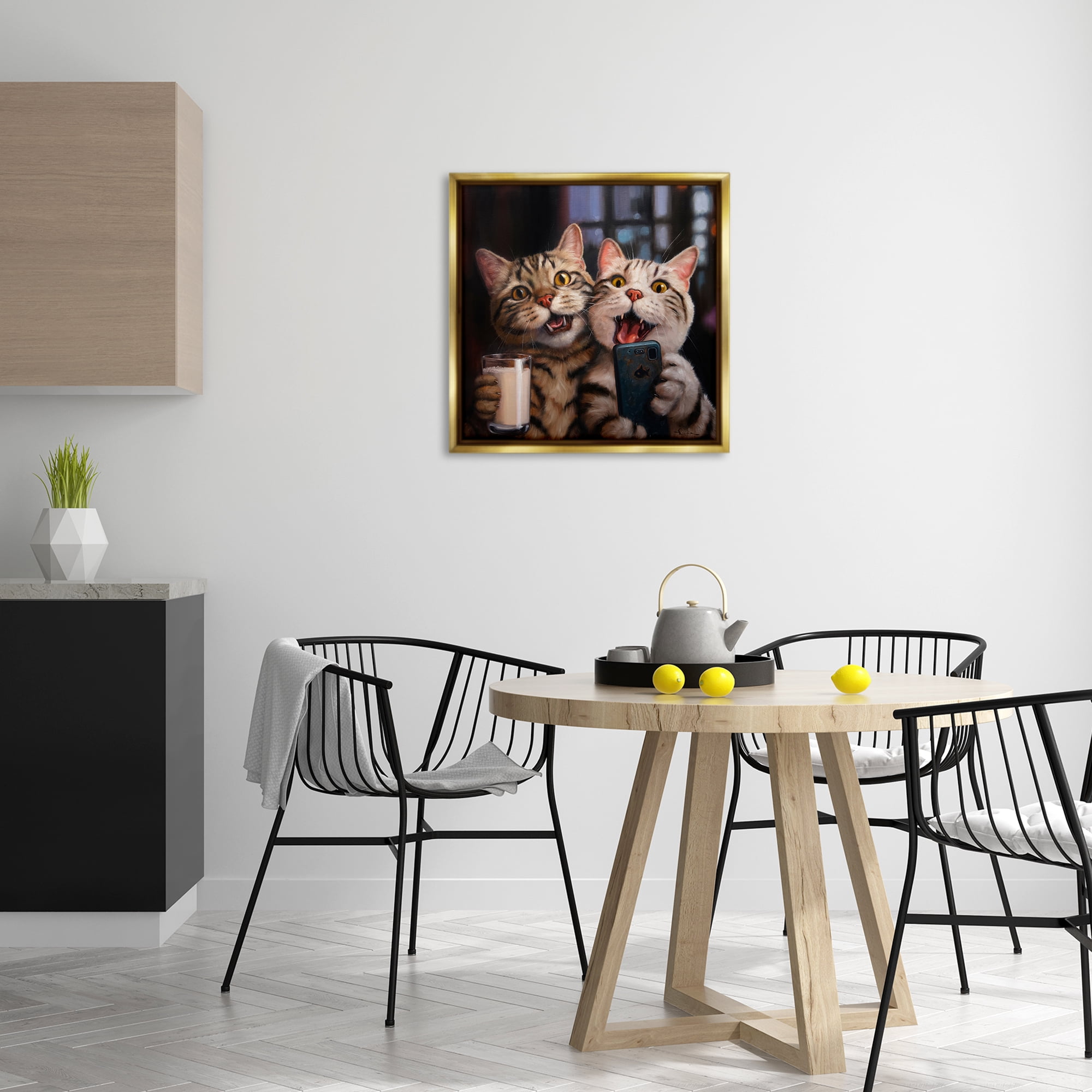 Stupell Industries Happy Selfie Cats Animals Painting Gold Floater Framed Canvas Art Print Wall Art, 25 x 25