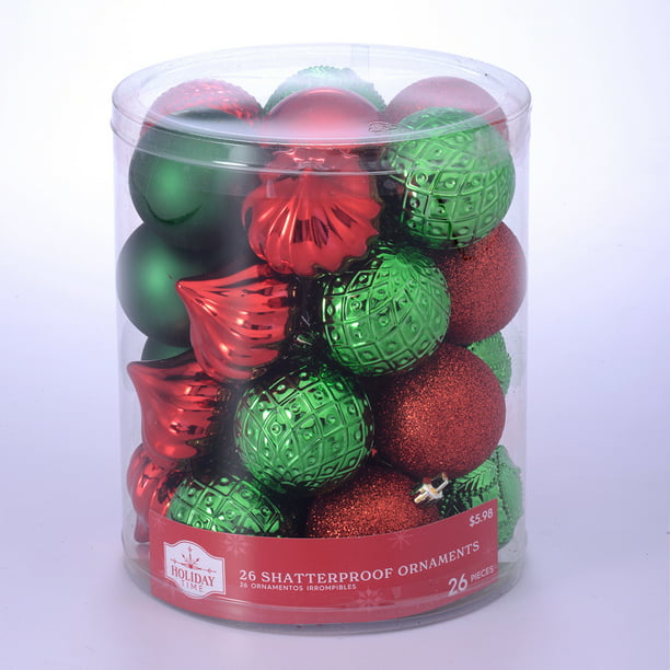 Holiday Time Red and Green Christmas Shatterproof Ornaments, 26 Count