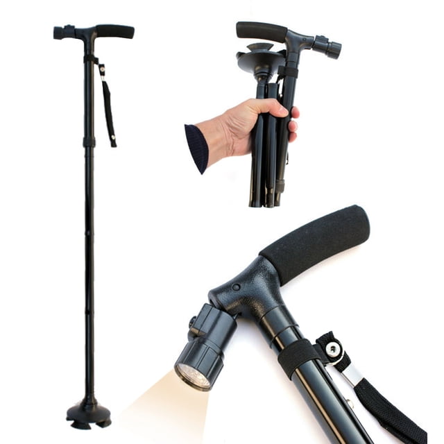 Graflsoa Foldable LED Walking Stick with adjustable height and rotating quad base for enhanced stability and safety in black. This mobility aid features a cushioned grip, built-in LED lights, and a slip-resistant pivoting quad base for use on various terrains. Foldable design shown in compact form, ideal for travel or storage.