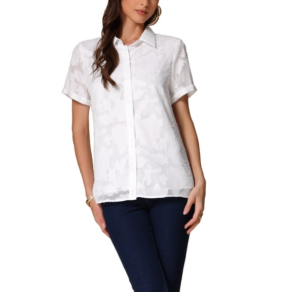 INSPIRE CHIC Women's Floral Lapel Collar Short Sleeve Button Down Chiffon Work Blouse XS White