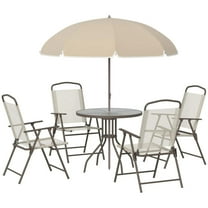 Resenkos 6 Pieces Patio Dining Set, Four Chairs, A Round Glass Table, Umbrella, Steel, Mesh, Glass, Beige