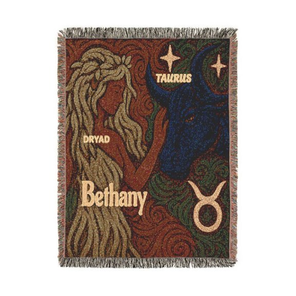 Dryad and Taurus Zodiac Art in Earth Tones Woven Blanket, 100% Cotton, Mythic Astrology Style for Home Decor