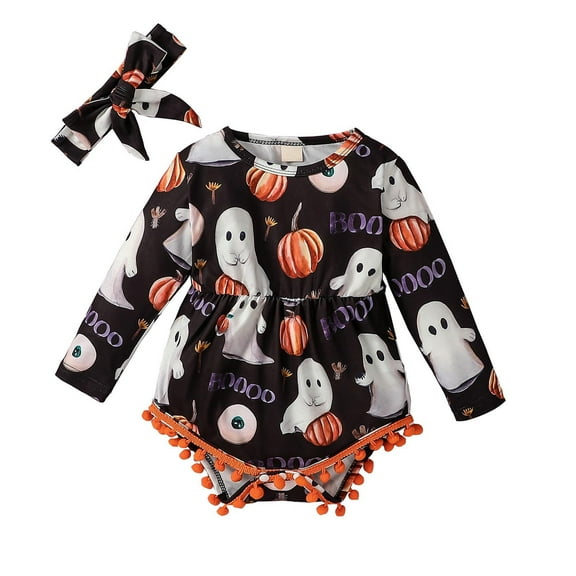 Mercatoo 𝐍ewBorn Baby Girls Halloween Clothes Long Sleeve Cartoon Pumpkin Print Patchwork Romper 2Pcs Baby Girl Outfits