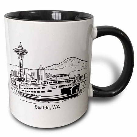 3dRose Seattle, WA Ferry and Space Needle - Two Tone Black Mug,