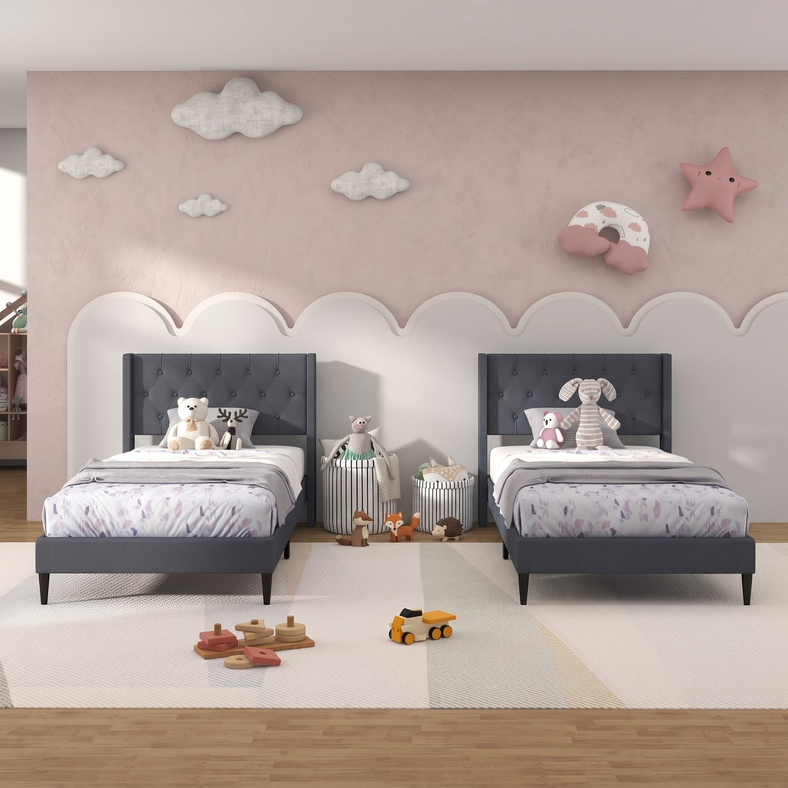 Furnibear Twin Bed Frame Upholstered Platform Bed with Button Tufted Wingback Headboard and Wood Legs, Gray