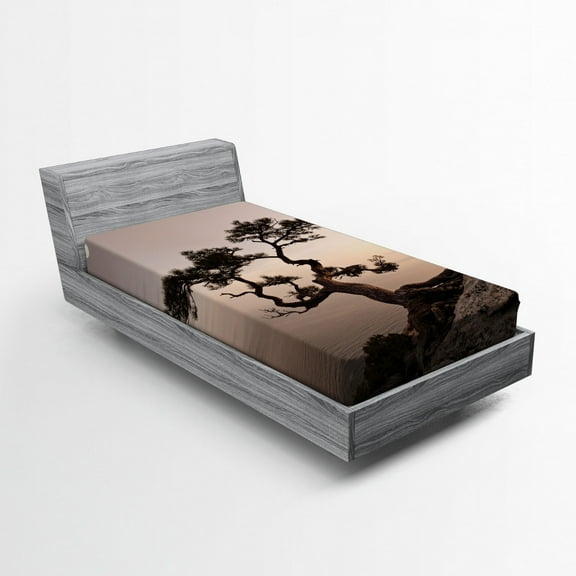 Ambesonne Tree Fitted Sheet, Lonely Juniper Tree Fall, Twin XL Size, Brown Grey