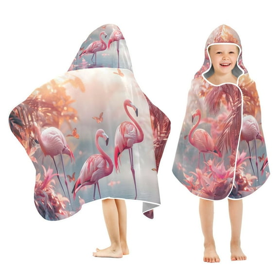Cartoon Flamingos Tropical Trees Kids Hooded Beach Towel Baby Bath Poncho Towels with Hood Absorbent 50"x23.5" for Pool Swimming