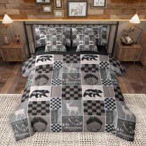 Homewish Rustic Deer Bear Bedding Comforter Set 7pcs for Adult, Hunting and Fishing Queen Bedding Sets, Vintage Grey Brown Buffalo Reversible Queen Sheet Sets, Breathable Home Decor