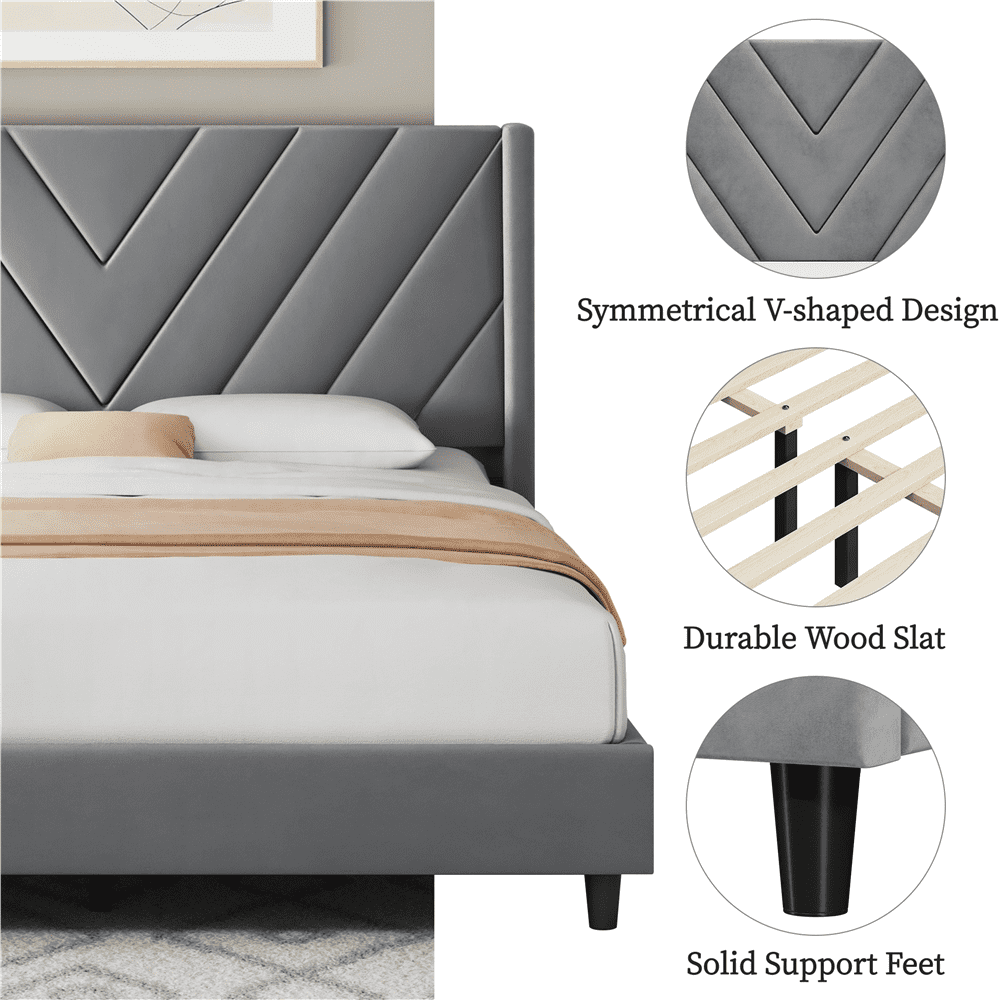 Renwick Queen Size Upholstered Platform Bed Frame with Tufted Headboard, Light Gray, Adult
