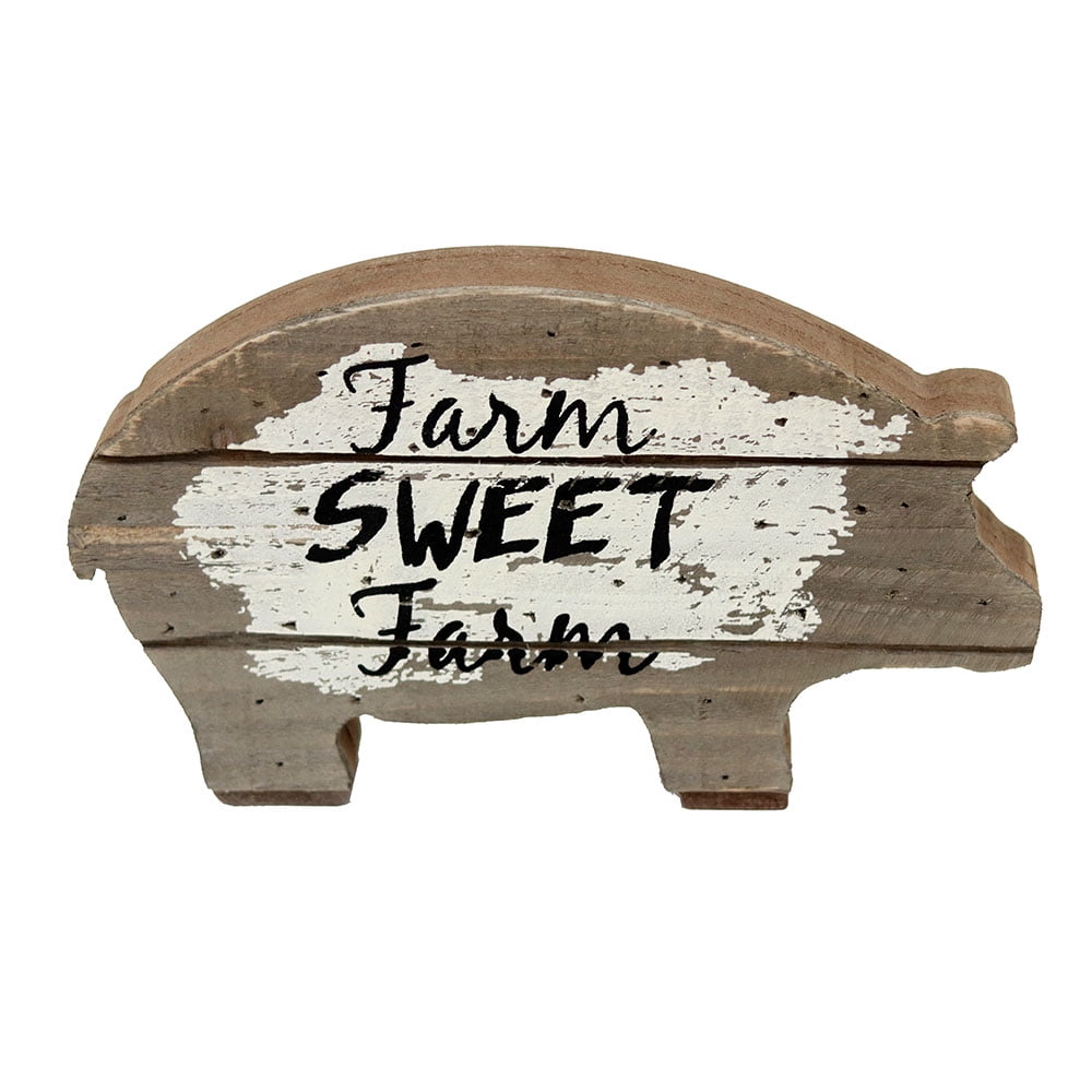 Parisloft Farm Sweet Farm Wood Pig Tabletop Decor, Carved Pig Statue