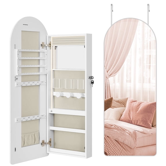 Mirror Jewelry Organizer, 3.9 x 16.5 x 42.5'' Lockable LED Jewelry Cabinet Wall/Door Mounted, White